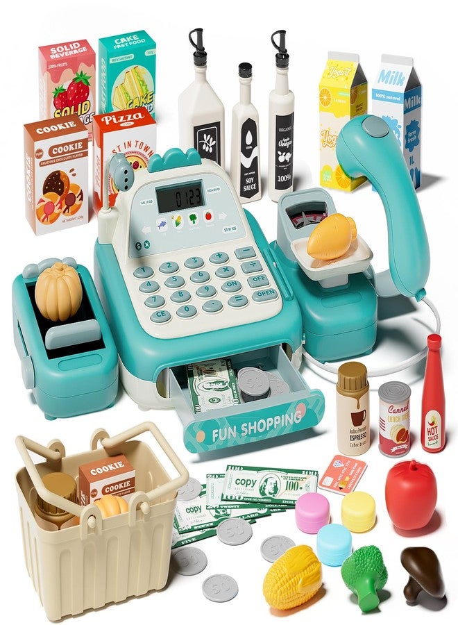STACTCUTE 49PCS Pretend Play Cash Register Toy Set for Kids with Real Calculator,Scanner,Microphone,Conveyor Belt,Weighing Tool,Cashier Playset Realistic Gift for Toddler Kid Ages 3 4 5 6 7 8 (Green) - Image 1